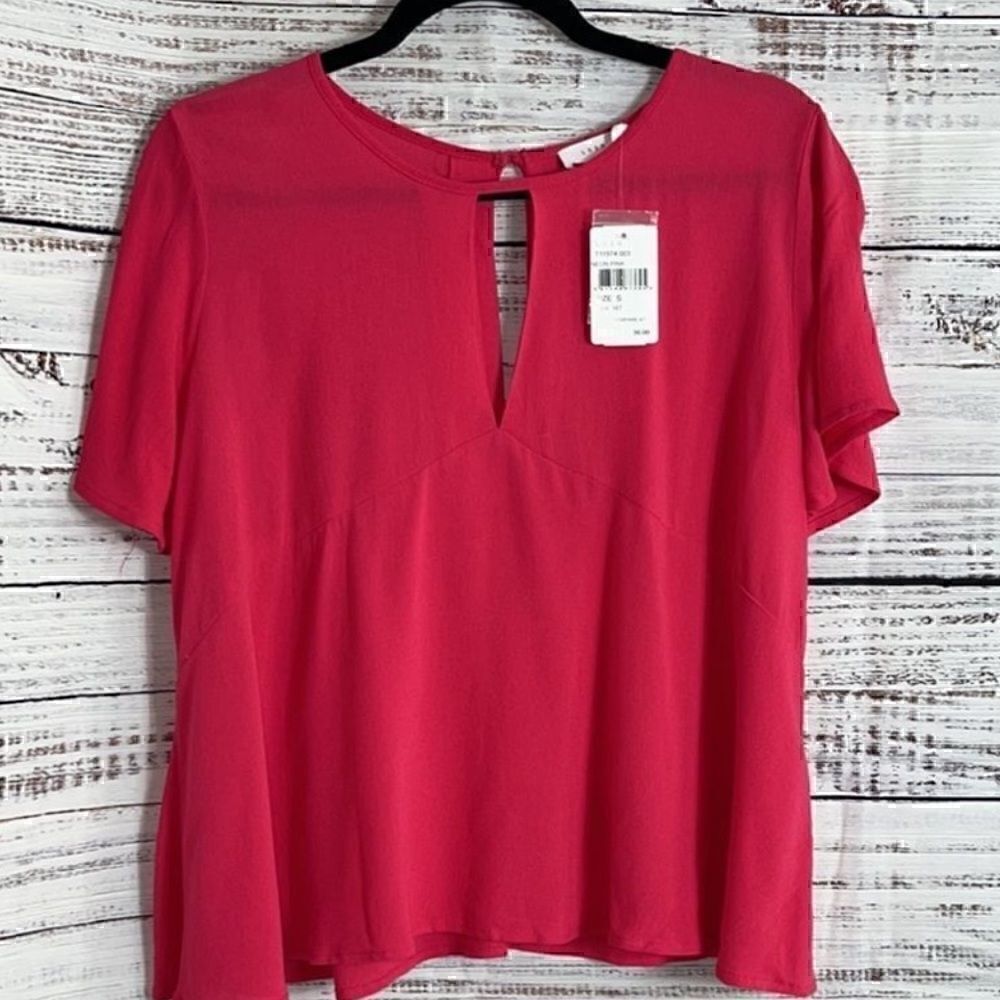 Lush Top Womens Small Chiffon bell sleeve keyhole neck line Neon Pink New‎